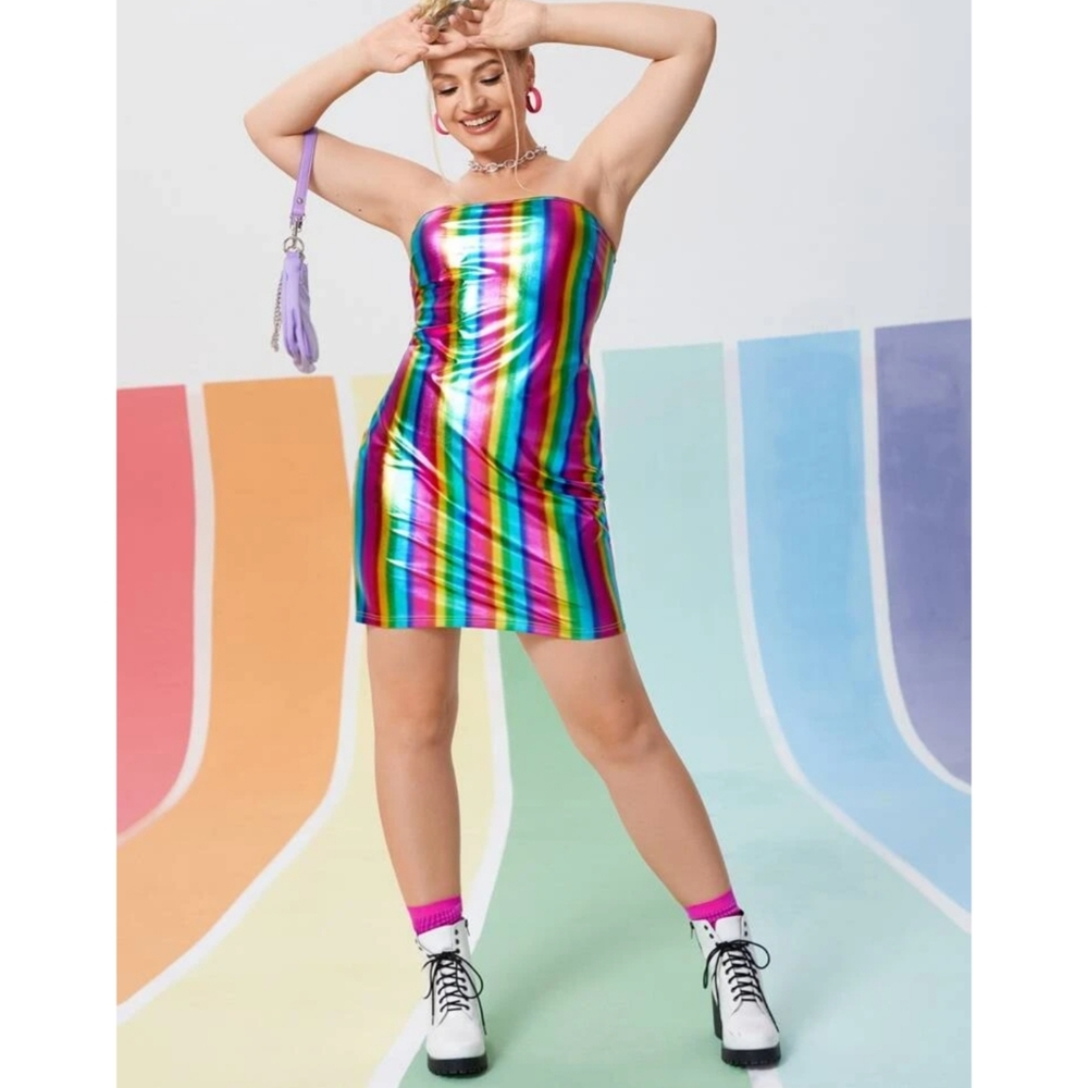Plus Size Rainbow PU Vegan Leather Rainbow Striped Tube Style Dress Shiny - Picture 3 of 10